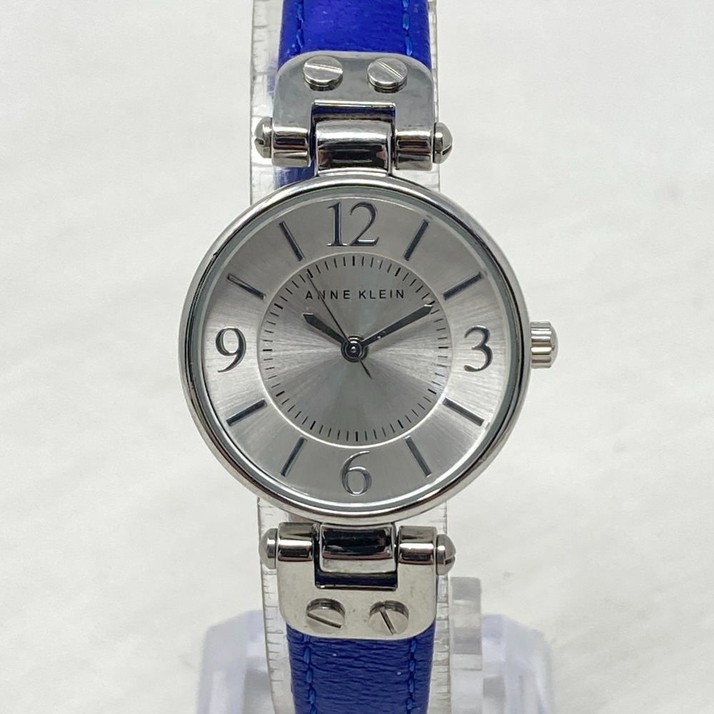 Anne Klein Watch Women 26mm Silver Tone Blue Leather WR 30M New Battery 8"
